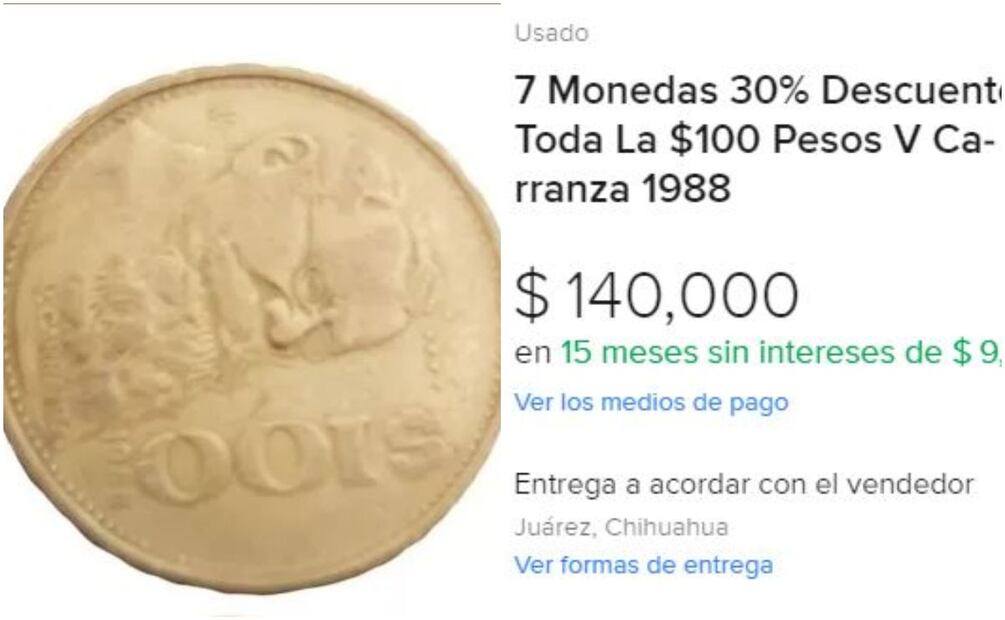 Moneda de Venustiano Carranza de 1988. Foto: MercadoLibre / Captura