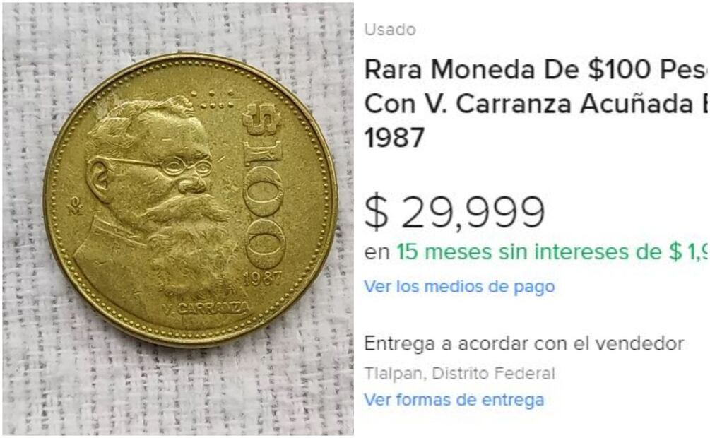Moneda de $100 pesos mexicanos. Foto: MercadoLibre / Captura