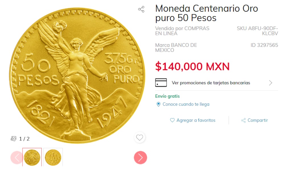 El centenario de oro que puedes comprar en Sears por más de 140 mil pesos. Foto: Sears
