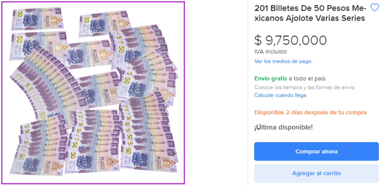 La colección de billetes del ajolote que vale casi $10 millones de pesos. Foto: MERCADO LIBRE