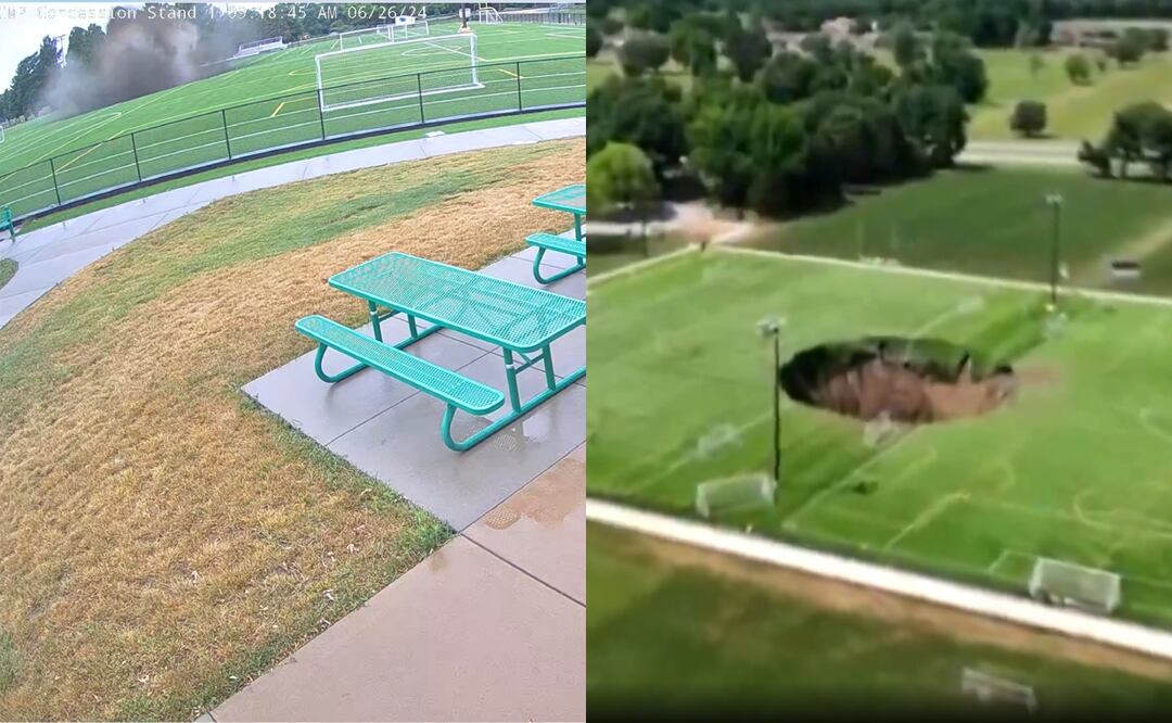 Enorme socavón de 30 metros se “traga” cancha de futbol. VIDEO. Foto: AP / Tomada de Twitter
