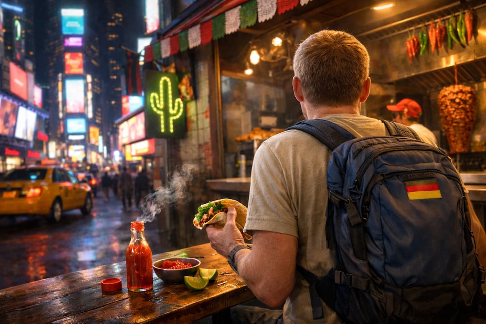 Turista alemán demanda a taquería en Times Square por salsa “demasiado picante”… juez responde con frase polémica. Foto IA