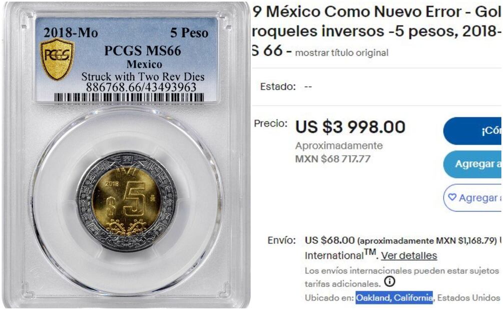 Moneda de $5 pesos con error. Foto: eBay / Captura
