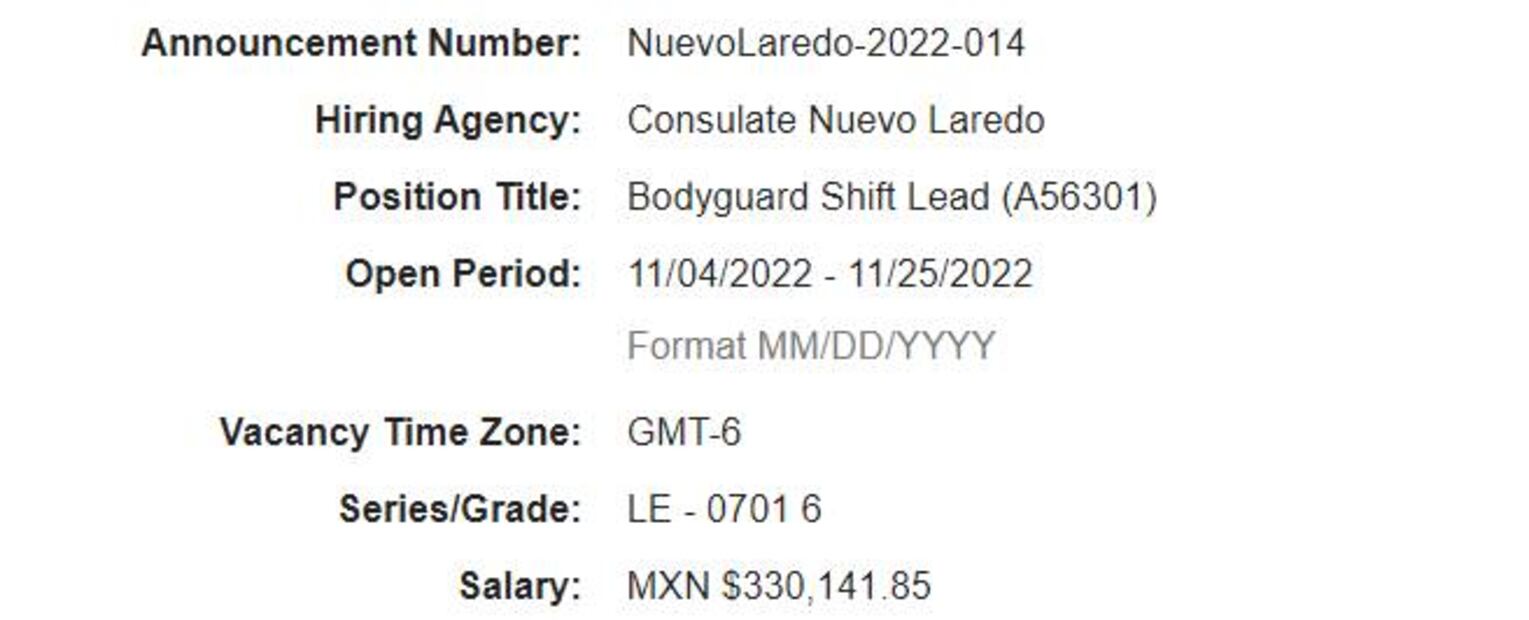 Consulado de EU ofrece empleo para guardaespaldas en Nuevo Laredo; paga $330,000 al año