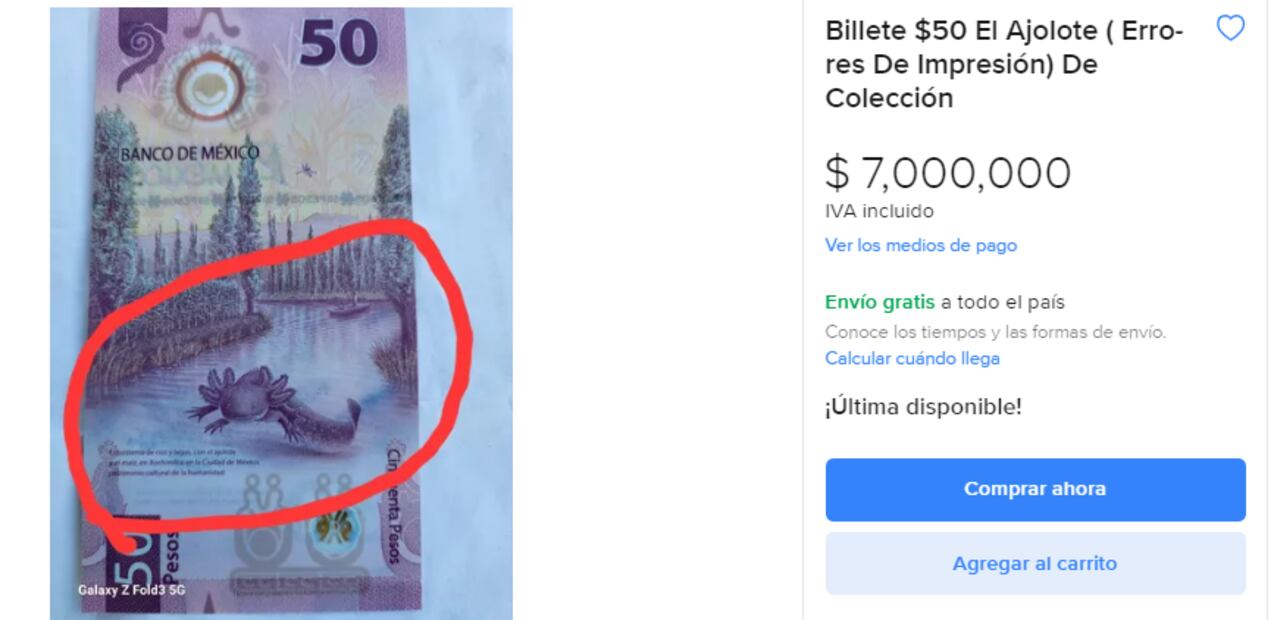 El billete de $50 pesos del ajolote que vale hasta $7 millones de pesos. Foto: Mercado Libre