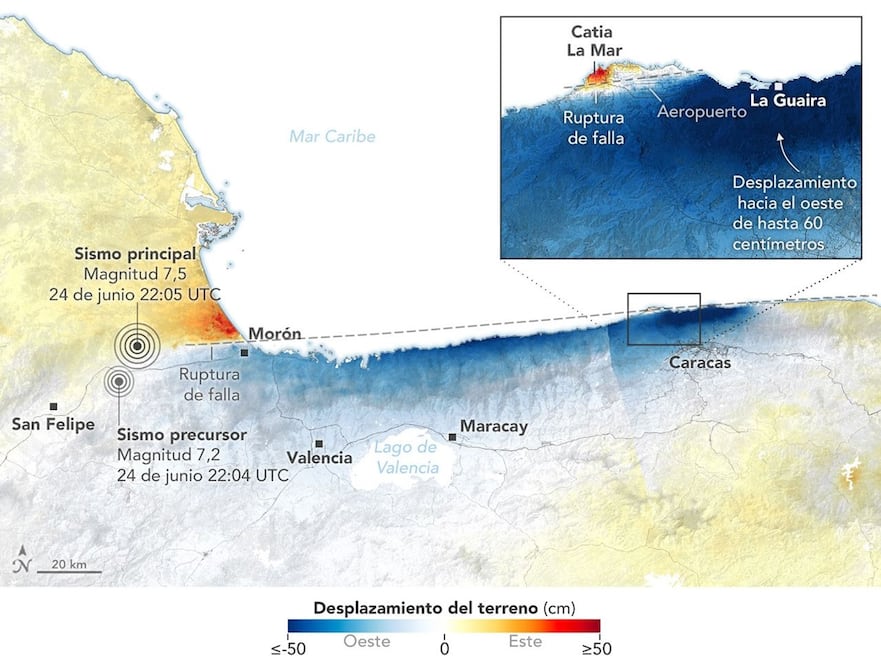 El impactante hallazgo de la NASA tras los terremotos en Venezuela: la superficie se movió 60 centímetros. EFE/Observatorio de la Tierra de la NASA