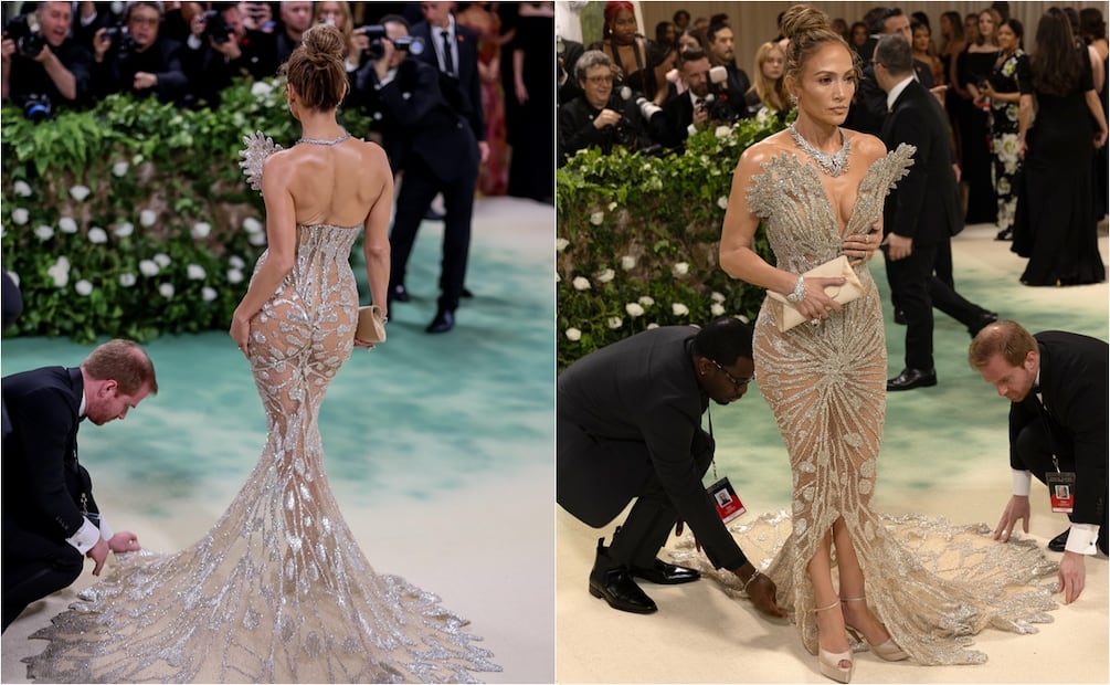 ¿El Príncipe Harry en la Met Gala y arreglando el vestido de JLO? Foto: EFE