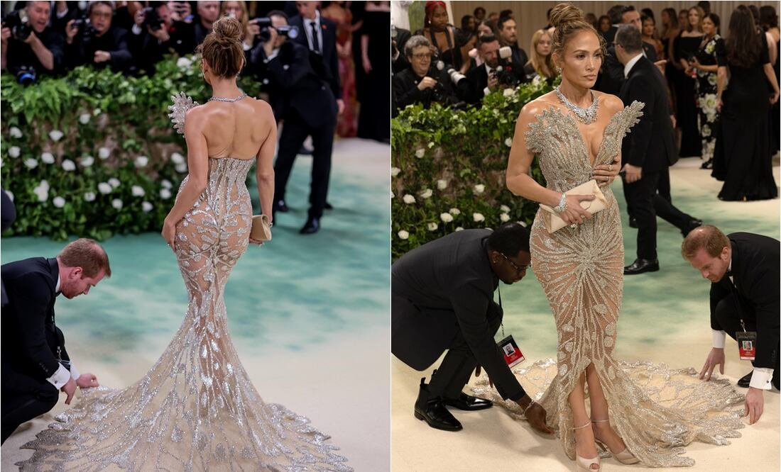 ¿El Príncipe Harry en la Met Gala y arreglando el vestido de JLO? Foto: EFE