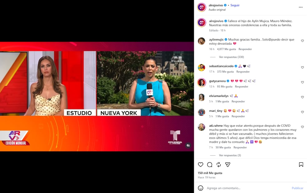 Mensaje de Aylín Mujica tras la muerte de su hijo. Foto: Captura tomada de Instagram @alrojovivo