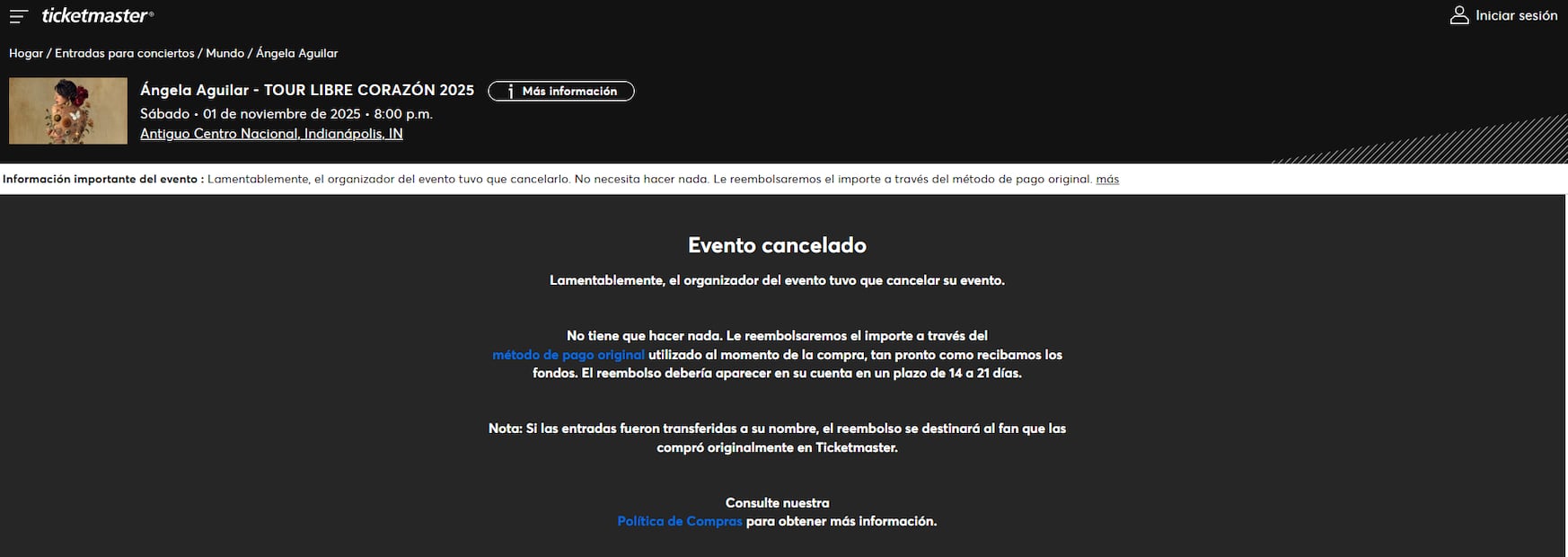 Ángela Aguilar cancela más conciertos y atrasa inicio de su gira. Foto: Tomada de Ticketmaster