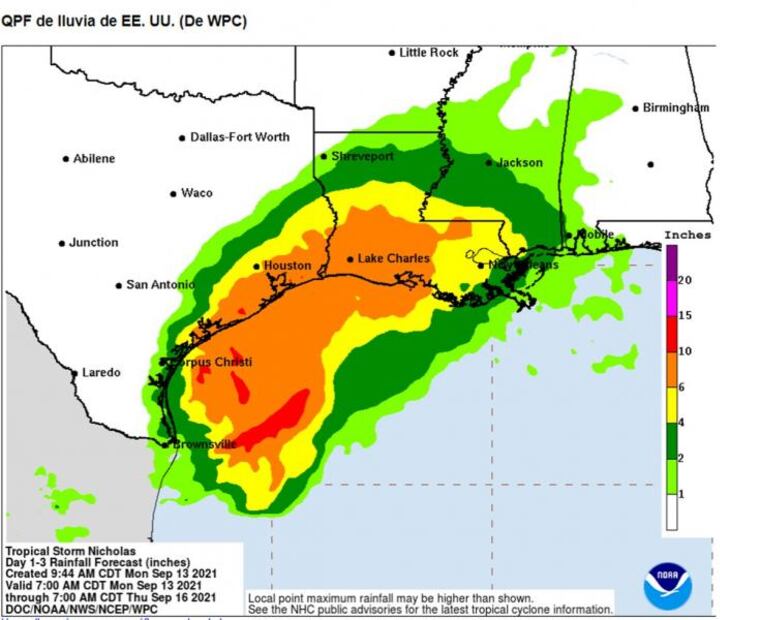 Tormenta Nicholas se acerca a Texas. Mapa de trayectoria