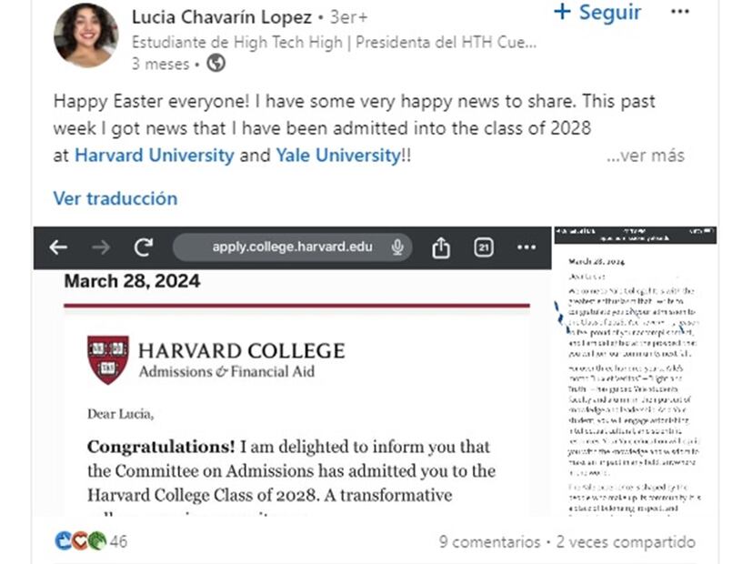 Joven latina sorprende al ser aceptada en 13 universidades de EU, incluidas Harvard y Yale. Foto: Tomada de LinkedIn