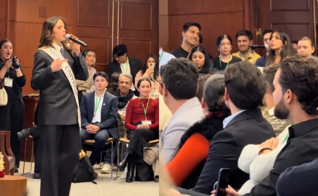 Fátima Bosch vive incómodo momento en conferencia en Harvard piden que renuncie a su corona y ella se niega. Foto: Tomada de TikTok @hugodrcomerce