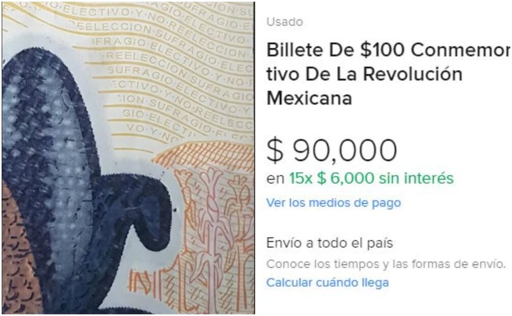 Billete de $100 pesos de la Revolución. Foto: Captura / MercadoLibre
