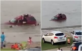 Video. Hombre salva a sus hijas de ahogarse mientras su camioneta se hunde