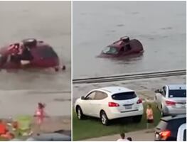 Video. Hombre salva a sus hijas de ahogarse mientras su camioneta se hunde