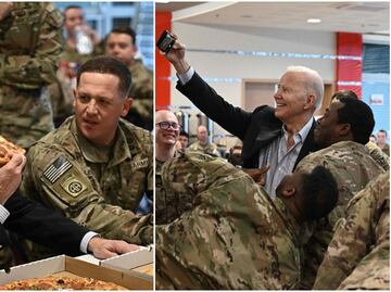 Biden come pizza con soldados estadounidenses en Polonia
