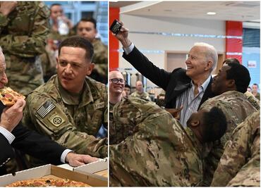 Biden come pizza con soldados estadounidenses en Polonia