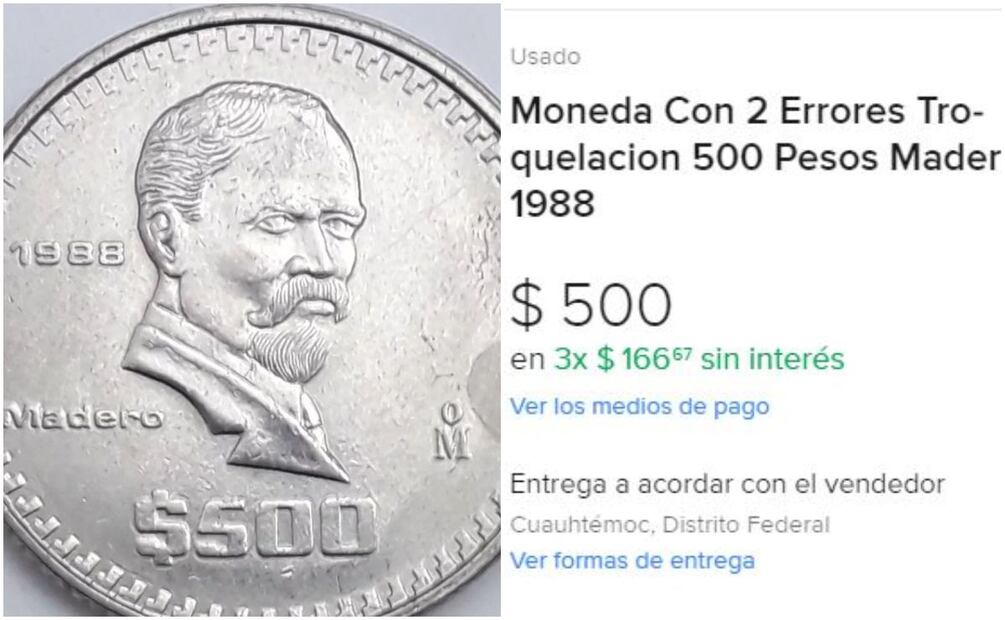 Moneda Francisco I. Madero de $500 pesos. Foto: MercadoLibre / Captura