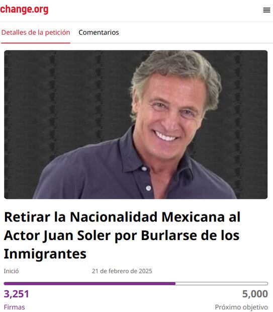 Piden en Change quitarle la nacionalidad mexicana a Juan Soler tras hablar de los migrantes. Foto: Change.org