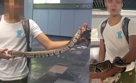 Joven intenta entrar a la línea 3 del Metro de CDMX con una serpiente en la mano. VIDEO