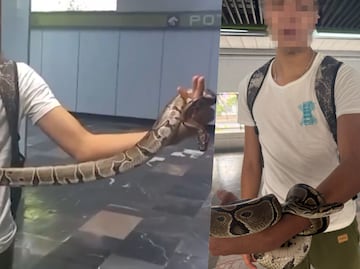 Joven intenta entrar a la línea 3 del Metro de CDMX con una serpiente en la mano. VIDEO