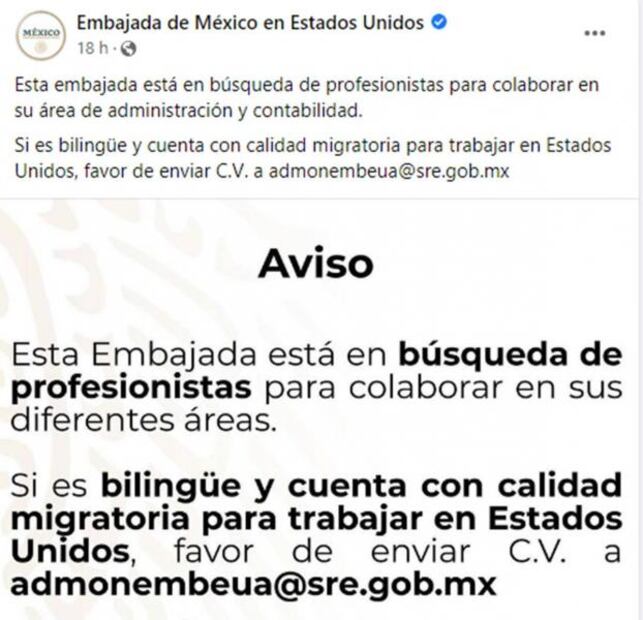 Embajada de México en Estados Unidos busca contadores y administradores