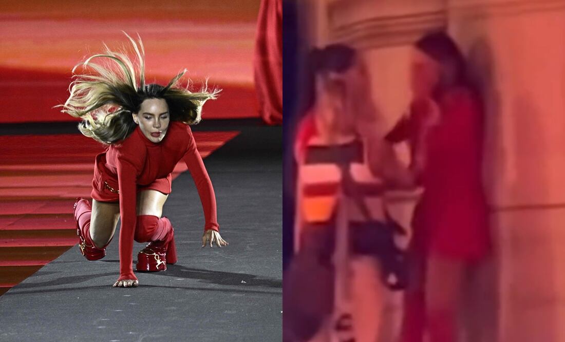 Captan a Belinda llorando tras su aparatosa caída en el desfile de L'Oréal en París. Foto: JULIEN DE ROSA / AFP / Captura X