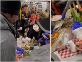 Sorprenden a pasajeros con banquete de Thanksgiving en vagón de Metro de NY