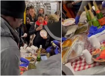 Sorprenden a pasajeros con banquete de Thanksgiving en vagón de Metro de NY