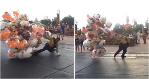Video. Vendedor de globos lucha contra fuerte viento en Disney World