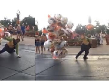 Video. Vendedor de globos lucha contra fuerte viento en Disney World