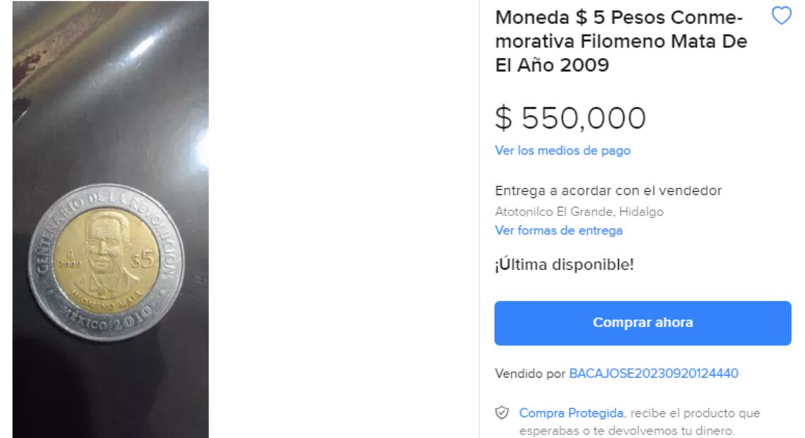 La moneda conmemorativa de $5 pesos de Filomeno Mata que cuesta hasta medio millón de pesos. Foto: Mercado Libre