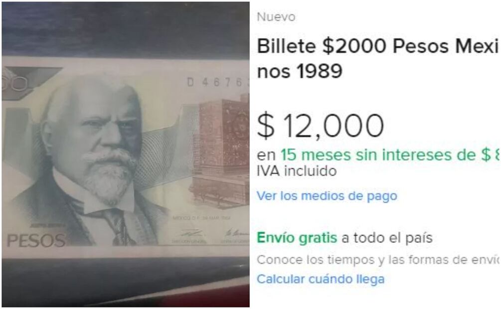 El billete antiguo de 2,000 pesos mexicanos. Foto: Mercado Libre / Captura