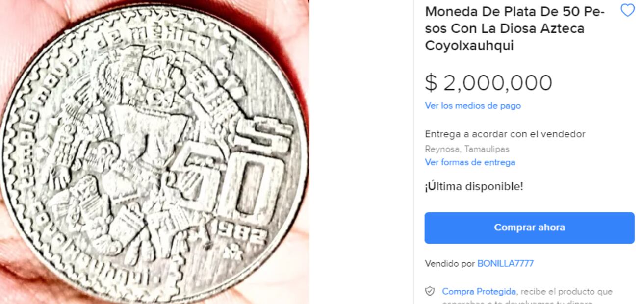 Piden hasta $2 millones de pesos por esta moneda de $50 pesos de 1982. Foto: Mercado Libre
