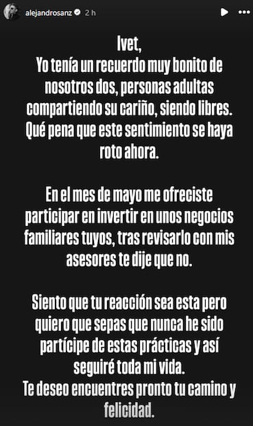 Alejandro Sanz se defiende y le responde a Ivet Playà. Foto: Instagram