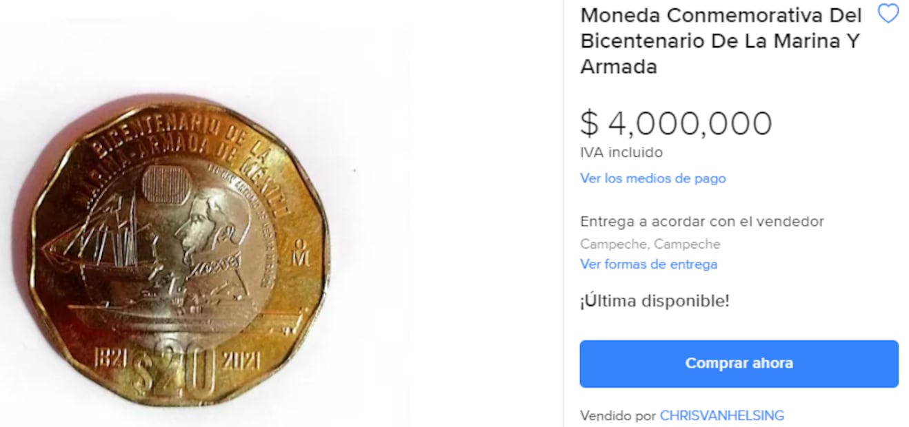 Piden hasta $4 millones de pesos por moneda conmemorativo del Bicentenario de la Marina y Armada de México. Foto: Mercado Libre