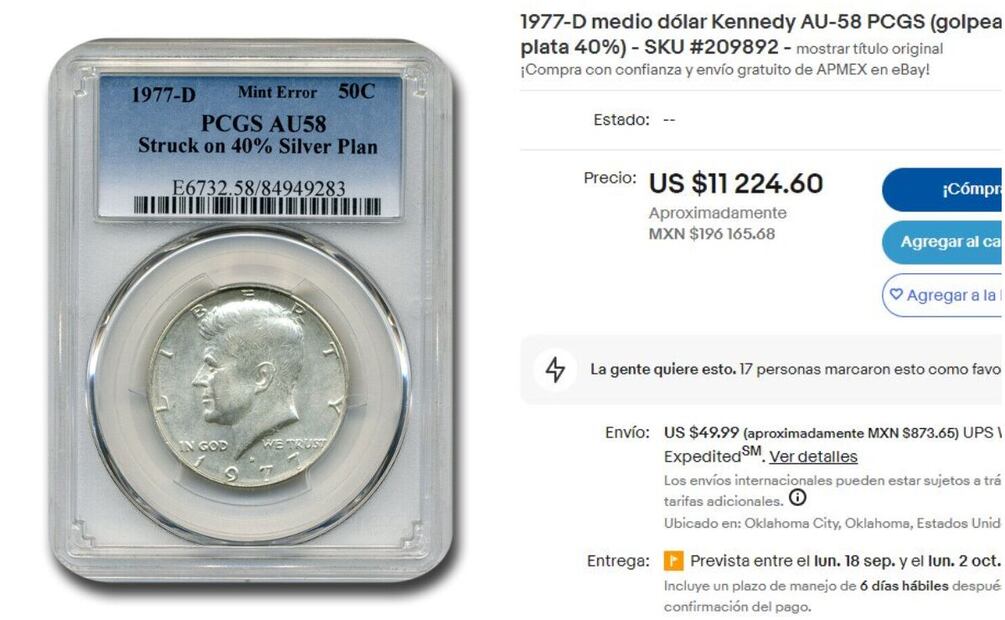 Moneda de $50 centavos de Estados Unidos a la venta en eBay. Foto: Captura / eBay