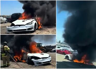 Video. Tesla se incendia por completo tras ser enviado a depósito de chatarra