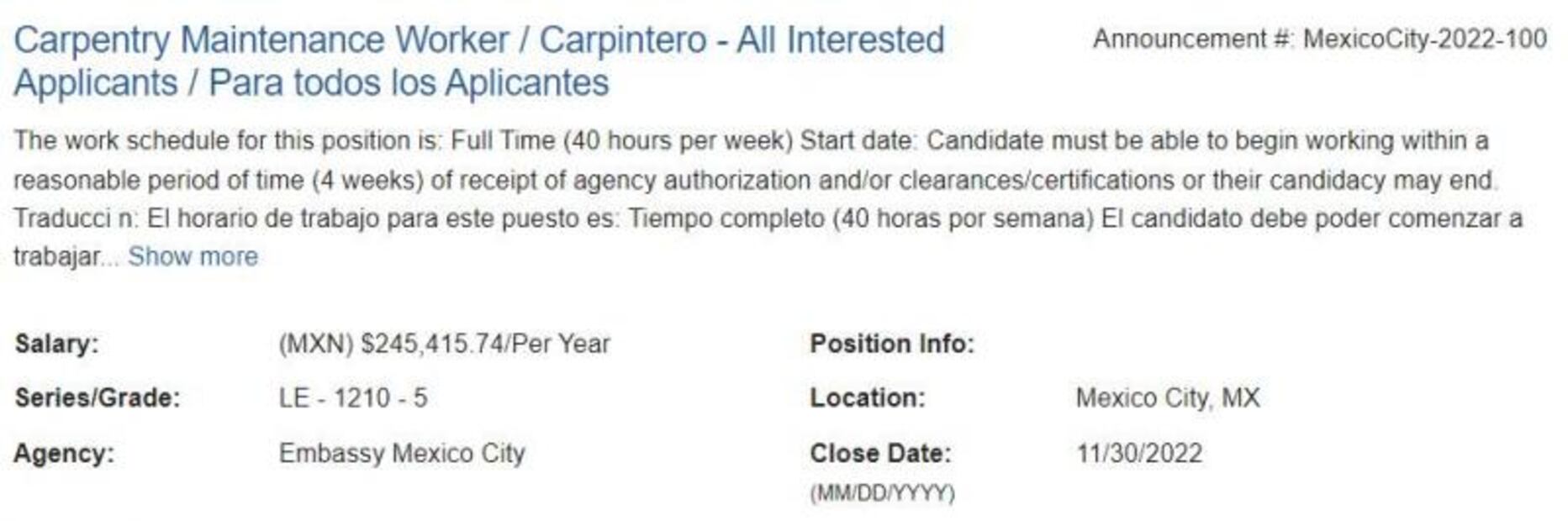 Embajada de EU en México lanza vacante de trabajo para carpinteros; paga $245,000 al año