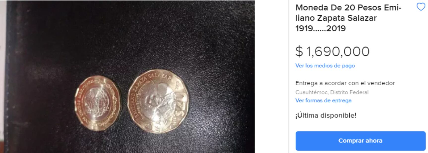 ¿La tienes? Esta moneda de $20 pesos vale más de $1.6 millones de pesos. Foto: Mercado Libre