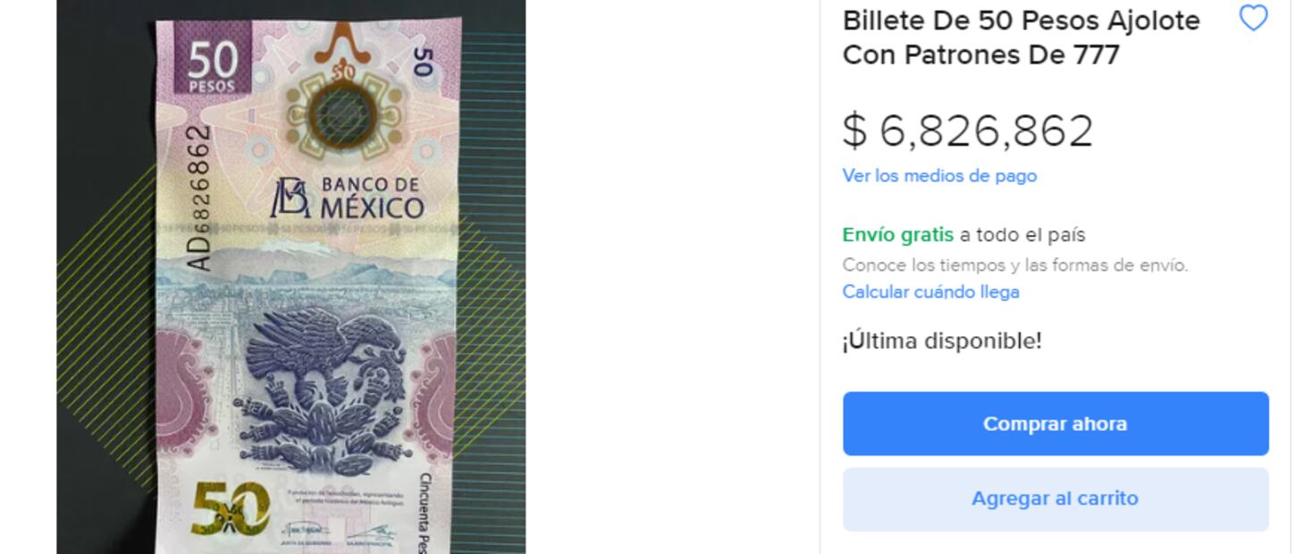 El billete de $50 pesos del ajolote que vale hasta $7 millones de pesos. Foto: Mercado Libre