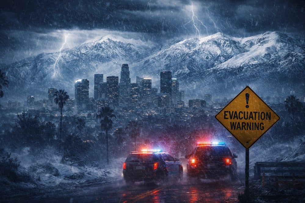 Tormenta invernal amenaza California: hasta 2.4 metros de nieve y advertencias de evacuación en Los Ángeles. Foto IA