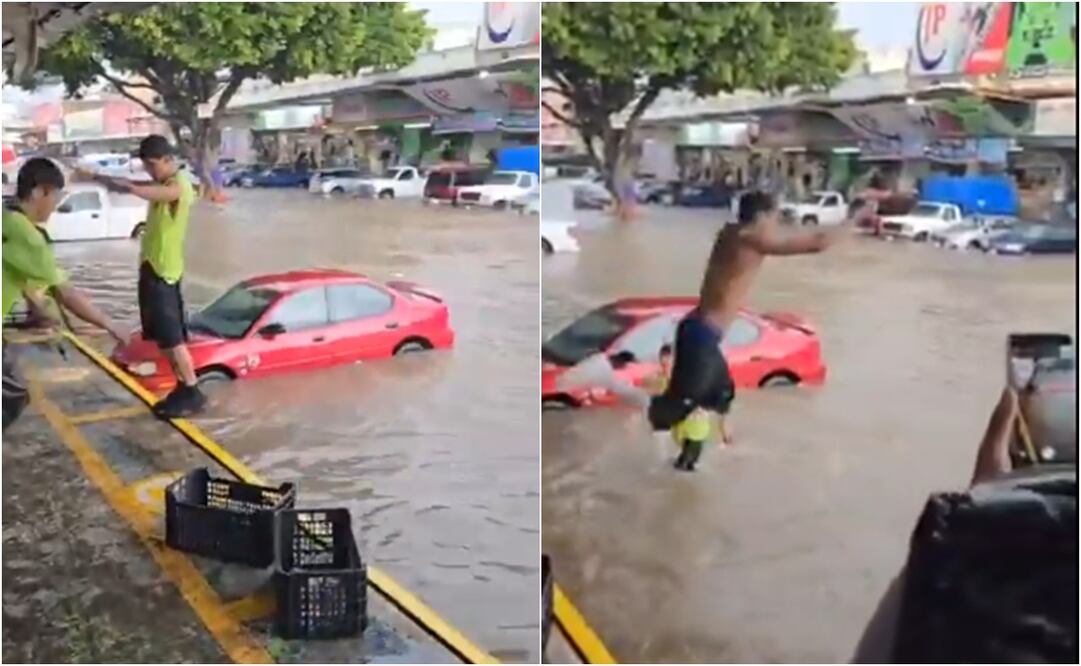 ¡Increíble! Trabajadores de la Central de Abastos hacen clavados "olímpicos" en plena inundación. VIRAL. Foto: Captura de pantalla / X