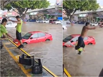 ¡Increíble! Trabajadores de la Central de Abastos hacen clavados "olímpicos" en plena inundación. VIRAL