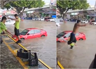 ¡Increíble! Trabajadores de la Central de Abastos hacen clavados "olímpicos" en plena inundación. VIRAL