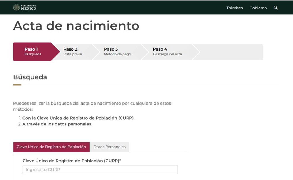 Acta de nacimiento; trámite para sacar copia certificada en línea. Foto: Captura / Gobierno de México
