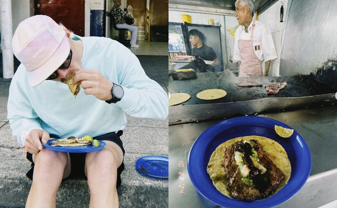 Piloto de la Fórmula 1 disfruta tacos de El Califa de León, con estrella Michelin, en la banqueta. Foto: Instagram / @tiffanycromwell