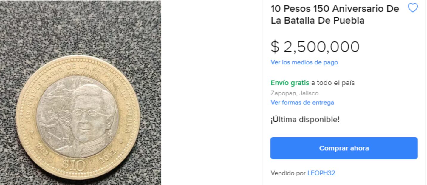 La moneda conmemorativa de la Batalla de Puebla que cuesta más de $2 millones de pesos. ¿La tienes? Foto: Mercado Libre