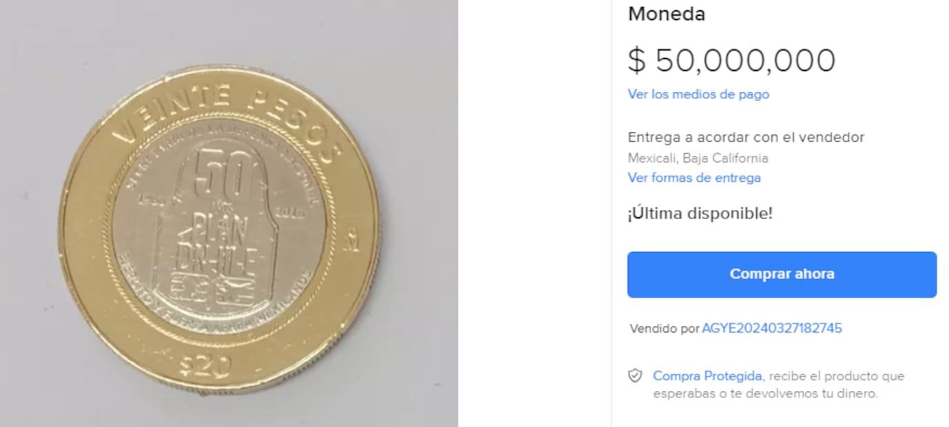 La moneda conmemorativa del Plan DN-III-E de 20 pesos que se vende por ¡50 millones de pesos! Foto: Mercado Libre